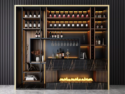 Elegant Wine Cabinet With Glass Shelves Wine Bottles Hanging Glasses And Marble Fireplace 3d model
