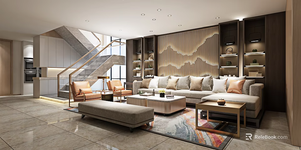 Contemporary Staircase In Modern Living Room With Sofa Coffee Table Bookshelves And Area Rug 3d model 