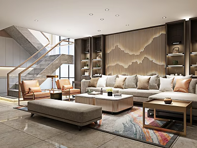 Contemporary Staircase In Modern Living Room With Sofa Coffee Table Bookshelves And Area Rug 3d model
