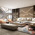 Contemporary Staircase In Modern Living Room With Sofa Coffee Table Bookshelves And Area Rug