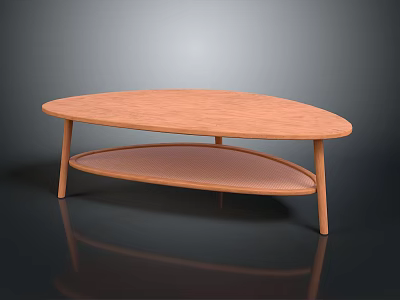 Modern Oval Shaped Wooden Coffee Table With Lower Mesh Shelf And Thin Legs 3d model