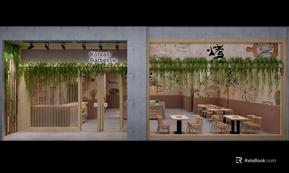 Korean Barbecue Restaurant Modern Exterior With Hanging Green Plants And Wooden Tables 3d model 