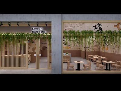Korean Barbecue Restaurant Modern Exterior With Hanging Green Plants And Wooden Tables 3d model