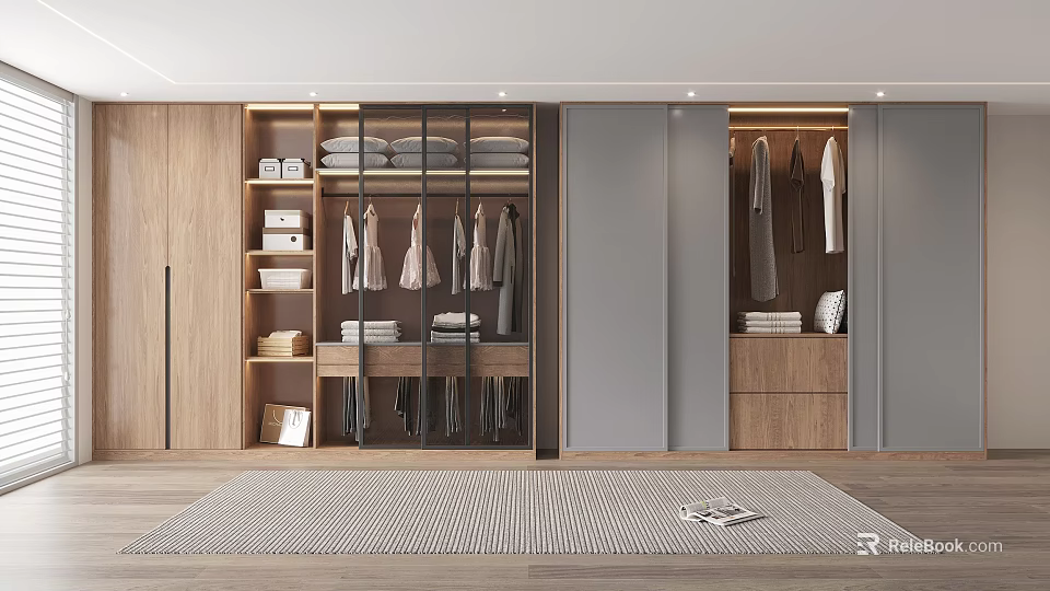 Modern Wooden Closet with Open Design Hanging Folded Clothes Drawers and Rug on Wooden Floor 3d model 
