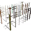 Roadside Infrastructure Featuring Various Utility Poles With Different Designs And Structures