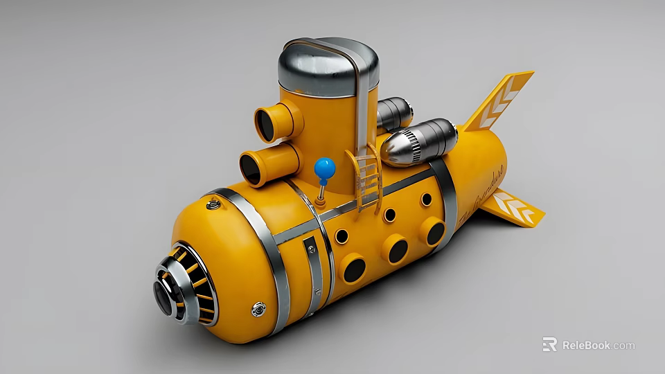 Yellow Industrial Equipment With Silver Components Blue Button Circular Holes And Metal Tail Fins 3d model 