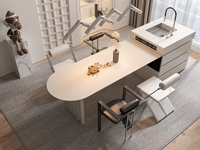 Modern Dining Table Set With White Oval Table Black Chairs Arched Lamps And Sink Island 3d model