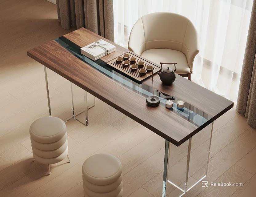 Modern Wooden Tea Table With Glass Legs And Light Colored Chairs Including Tea Set And Cups 3d model 