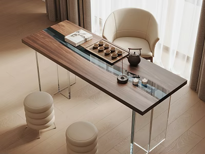 Modern Wooden Tea Table With Glass Legs And Light Colored Chairs Including Tea Set And Cups 3d model