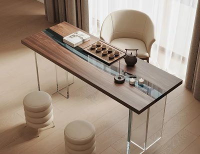 Modern Wooden Tea Table With Glass Legs And Light Colored Chairs Including Tea Set And Cups 3d model