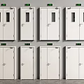 White Fire Equipment Cabinets With Green Indicator Lights Arranged On Wall 3d model