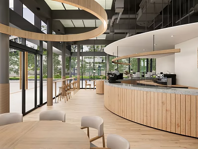 Contemporary Café Interior Design With Curved Wooden Counter Open Layout And Large Windows 3d model