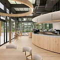 Contemporary Café Interior Design With Curved Wooden Counter Open Layout And Large Windows