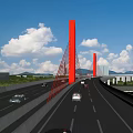 Red Bridge with Tall Towers Cables and Vehicles on Deck Under Blue Sky with Clouds