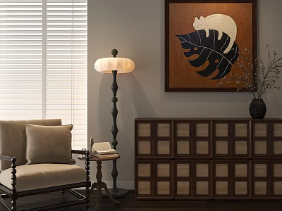Plant Painting Featuring Black Leaf And White Cat In Living Room With Floor Lamp Cabinet 3d model
