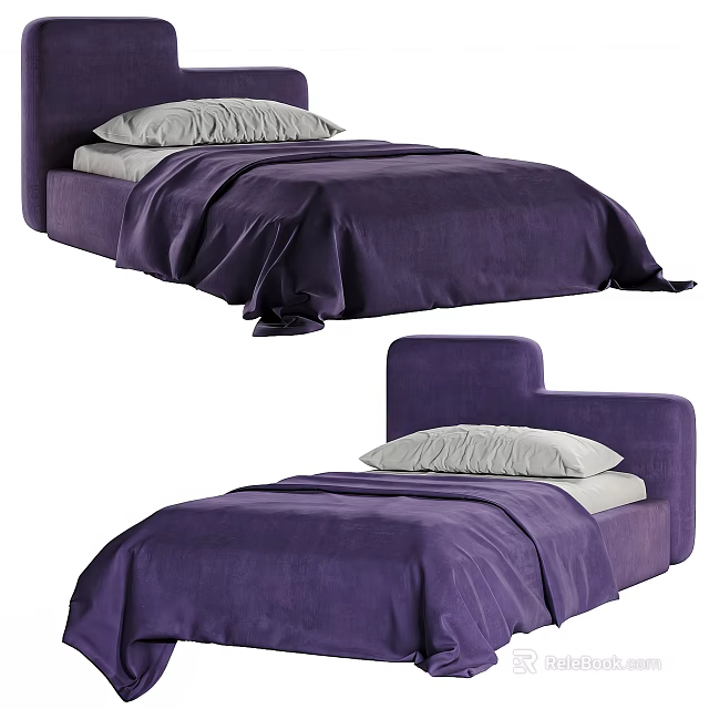 Purple Single Bed With Bedding And Headboard 3d model
