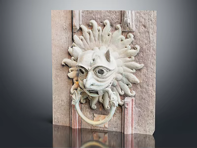 Vintage Lion Head Carved Door Knocker On Classical Stone Door Surface 3d model