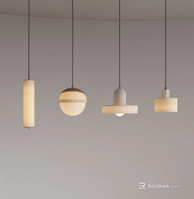 Modern Minimalist Pendant Lights With Four Unique Designs Hanging Against Grey Background 3d model 