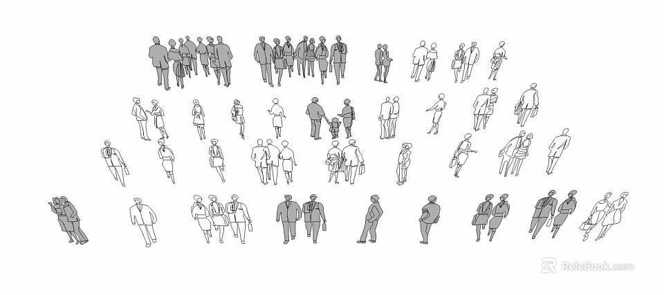 Diverse Group Of People In Various Poses Line Drawing Silhouette Art 3d model 