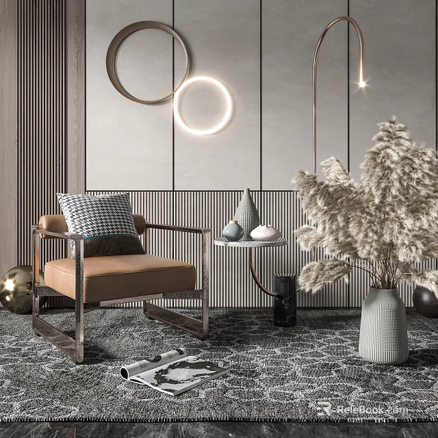 Modern Accent Chair Interior Featuring Circular Lighted Decor Side Table Pampas Grass And Textured Rug 3d model 
