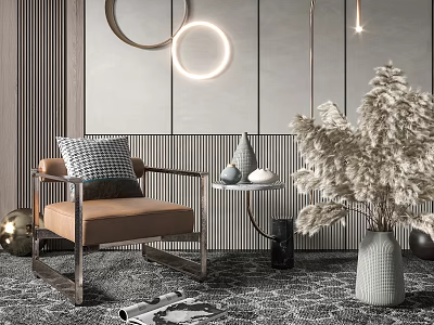 Modern Accent Chair Interior Featuring Circular Lighted Decor Side Table Pampas Grass And Textured Rug 3d model
