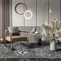 Modern Accent Chair Interior Featuring Circular Lighted Decor Side Table Pampas Grass And Textured Rug