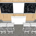 Classroom Functional Desks Blackboard With Formulas Student Chairs Wooden Walls And Gray Floor