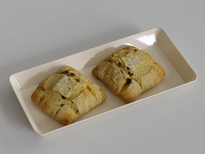 Two Freshly Baked Crusty Country Bread Loaves on White Rectangular Ceramic Plate 3d model