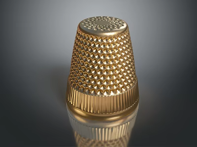Golden Metallic Thimble Sculpture With Intricate Diamond Patterns And Base Stripes On Reflective Surface 3d model