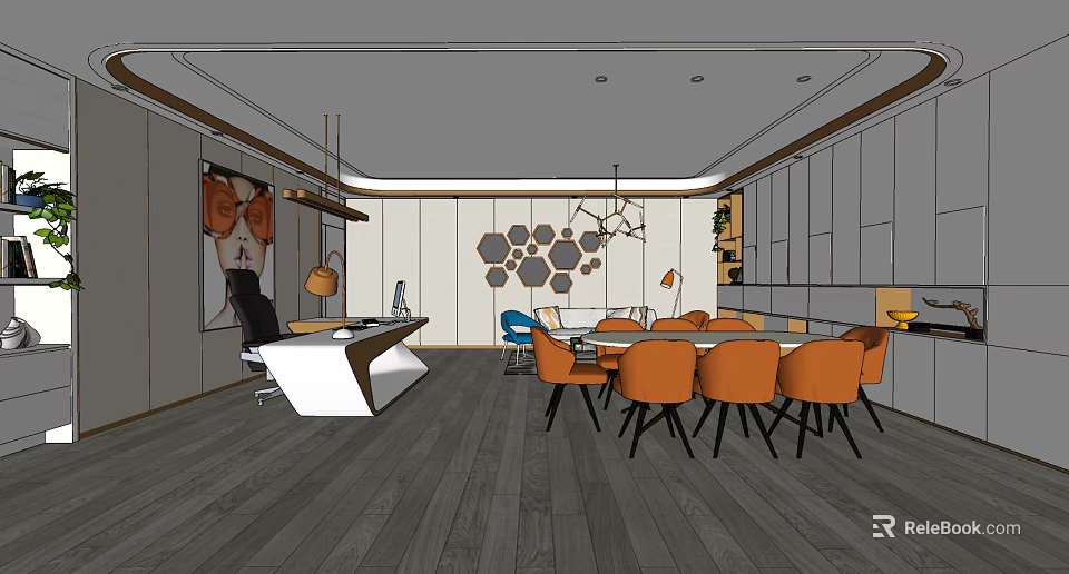 Modern Office Interior With Hexagonal Wall Decor Orange Chairs Meeting Table And Wooden Flooring 3d model 