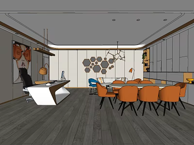 Modern Office Interior With Hexagonal Wall Decor Orange Chairs Meeting Table And Wooden Flooring 3d model
