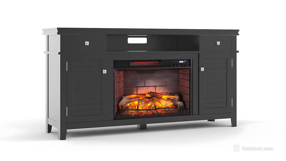 Black TV Stand Style Fireplace with Cabinet Doors Drawers and Realistic Flame 3d model 