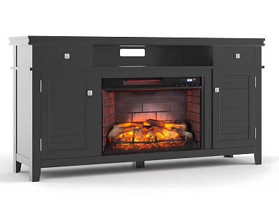 Black TV Stand Style Fireplace with Cabinet Doors Drawers and Realistic Flame 3d model