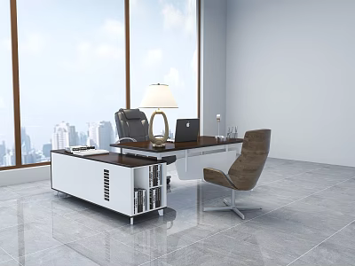 Modern Office Desk With Table Lamp Laptop Chair And City View Through Large Window 3d model