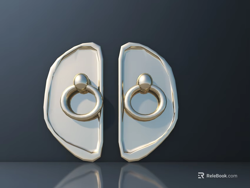 Gold Ring Shaped Door Handles on White Door Panels with Dark Background 3d model 