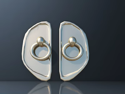 Gold Ring Shaped Door Handles on White Door Panels with Dark Background 3d model