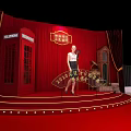 Red Stage Setup With Vintage Telephone Booth Female Performer Microphone And Decorative Lights