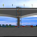 Road Infrastructure Bridge Under Construction With Construction Area Green Grass Blue Sky and Colorful Flags