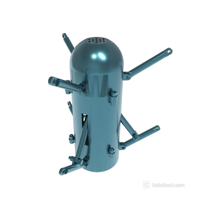 Blue Metallic Mechanical Device Featuring Multiple Support Rods And Grid Top Structure 3d model