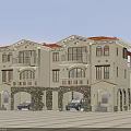 Semi Detached Villa Two Story Red Roof Beige Exterior Stone Columns Arched Porches And Garages
