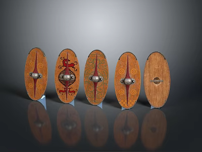 Ancient Handcrafted Shields with Traditional Lion Motifs and Circular Patterns for Historical Warfare 3d model