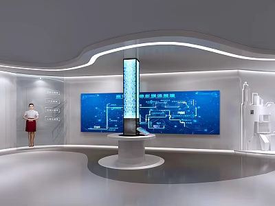 Modern Exhibition Hall With Large Blue Screen Diagrams Tall Column Display And White Cabinets 3d model