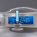 Modern Exhibition Hall With Large Blue Screen Diagrams Tall Column Display And White Cabinets