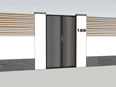Modern Entrance Gate With Double Doors White Pillars And Brown Slatted Panels 3d model