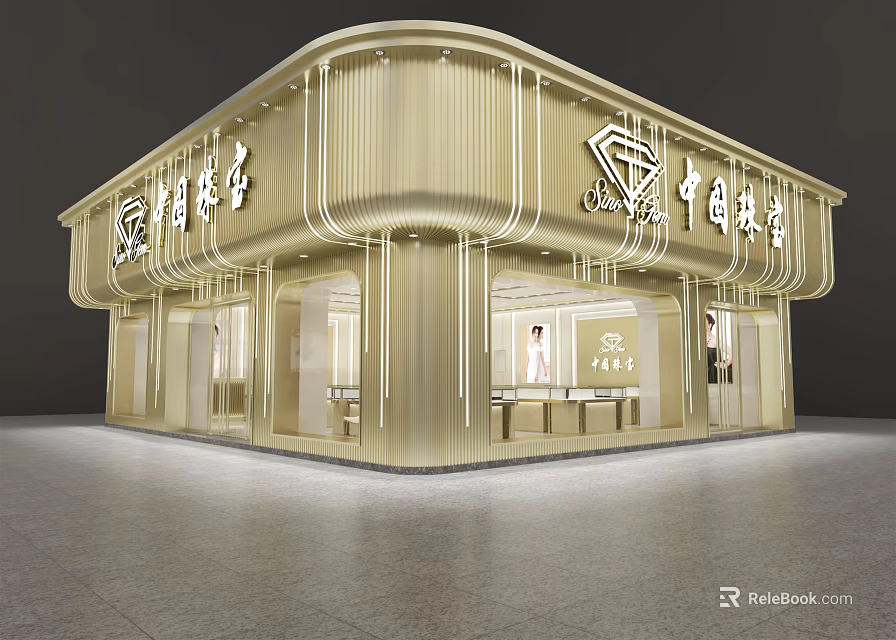 Elegant Modern Jewelry Store Exterior With Glass Display Windows And Illuminated Signage 3d model 