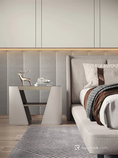 Modern Sleek Bedside Table With Deer Ornament Books And Upholstered Headboard Wall 3d model 