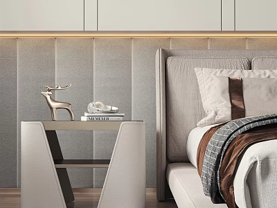 Modern Sleek Bedside Table With Deer Ornament Books And Upholstered Headboard Wall 3d model