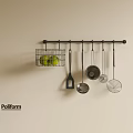 Cooking Utensils On Wall Mounted Metal Rod With Wire Basket Holding Green Fruits In Kitchen