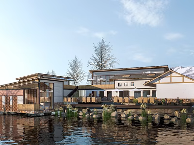 Traditional Ancient Architecture with Wooden Structure by Water and Natural Landscape 3d model