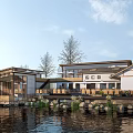 Traditional Ancient Architecture with Wooden Structure by Water and Natural Landscape